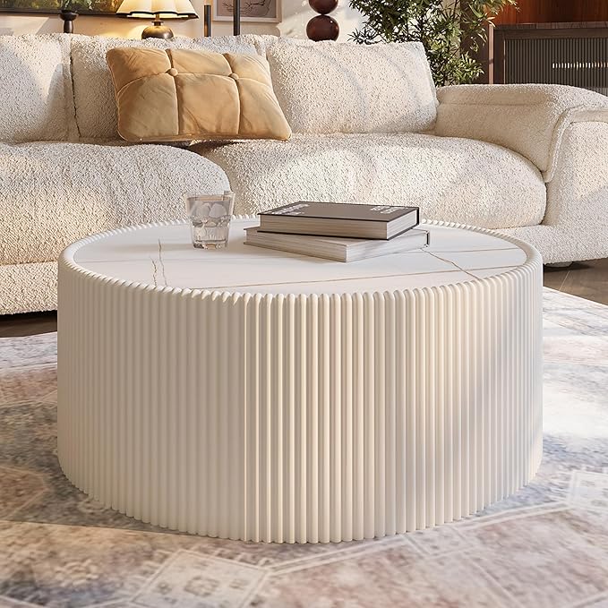 White Marble Coffee Table Set of 2, 29.52" Round Flued Coffee Table and End