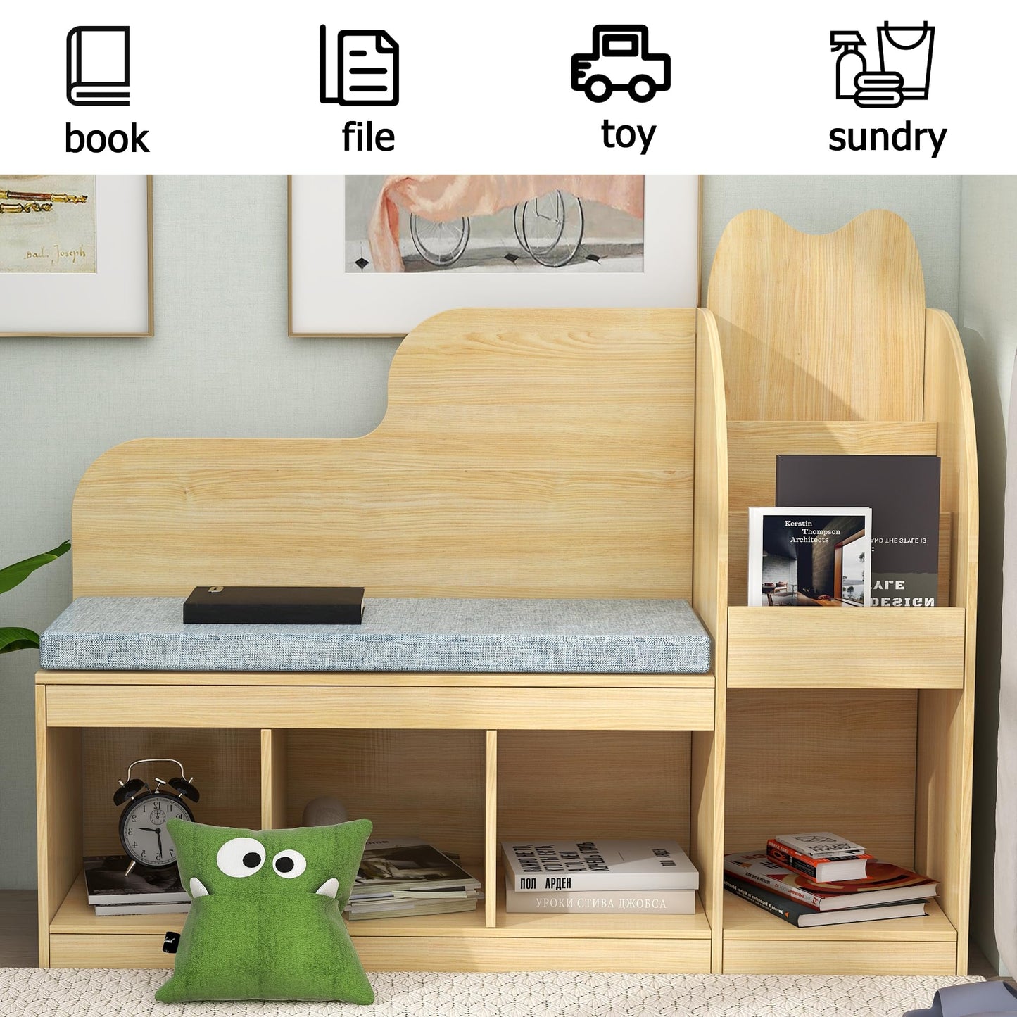 TaoHFE Kids Bench with Bookshelf & Toy Storage, Engineered Wood Toddler Reading Nook with Removable Cushion, Cubby Organizer & Bookcase for Playroom Bedroom Nursery