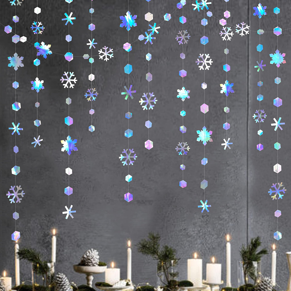 Clearance Winter Wonderland Party Decorations Iridescent Snowflake Garland Holographic Paper Snowflake Streamer for Winter Onederland Christmas Frozen Birthday Wedding Bridal Shower Party Supplies