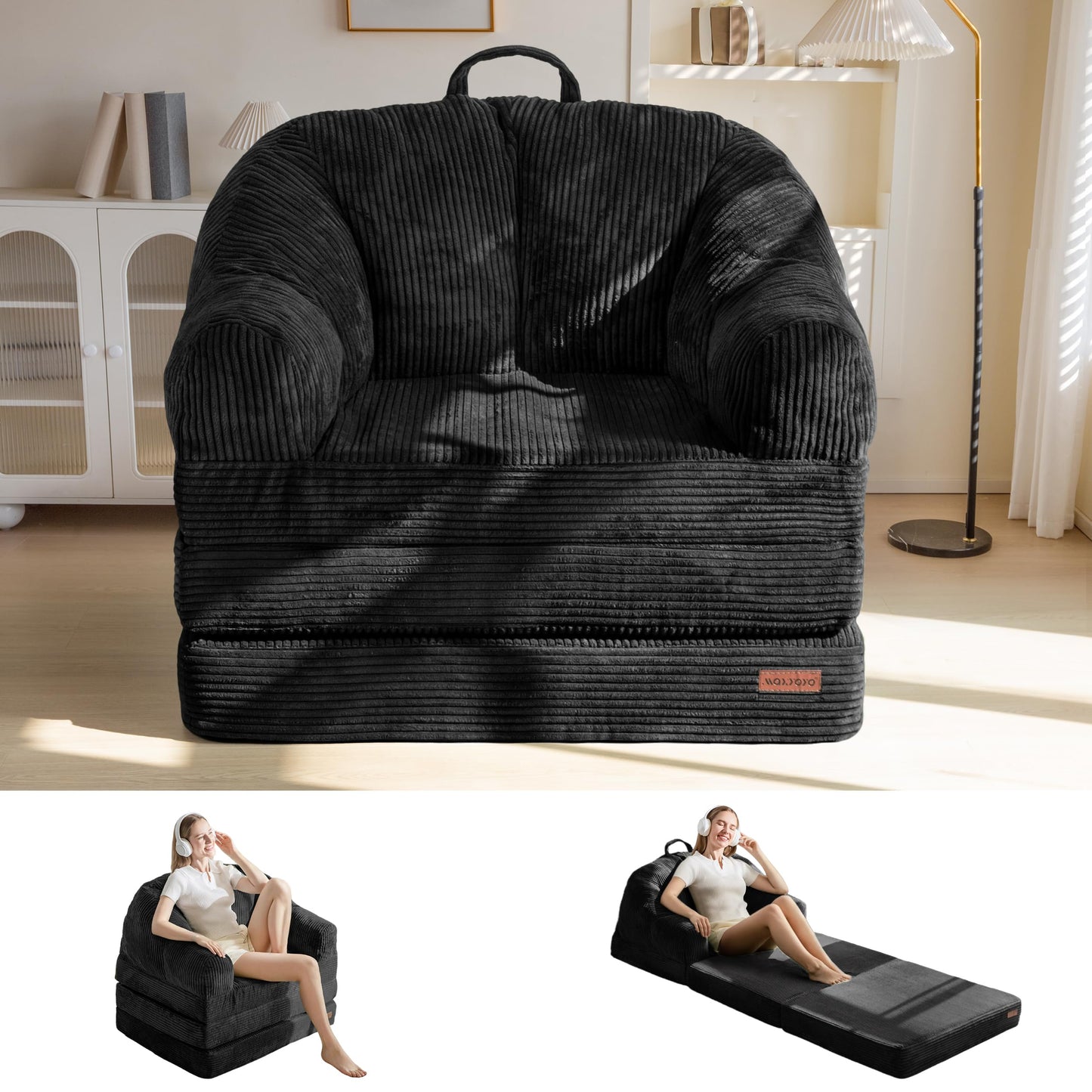 MAXYOYO Folding Sofa Bed with Backrest, Boneless Fold Out Couch Bed with Handle, 2 in 1 Convertible Bean Bag Chair to Floor Sofa Lounger, Comfy Folding Couch for Bedroom & Living Room, Black