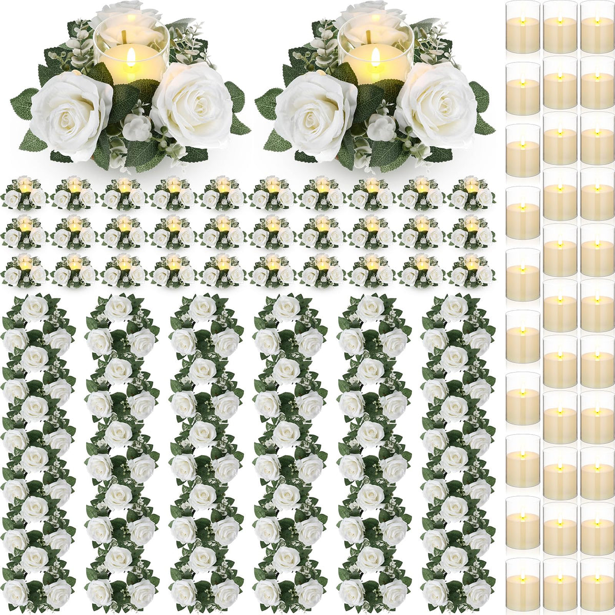Yunlly 32 Pcs Rose Candle Rings with Flameless Candles Sets, Artificial Flower Eucalyptus Wedding Centerpiece 3 Inch Pillar Candleholders Wreaths for Wedding Party Mother's Day (White)