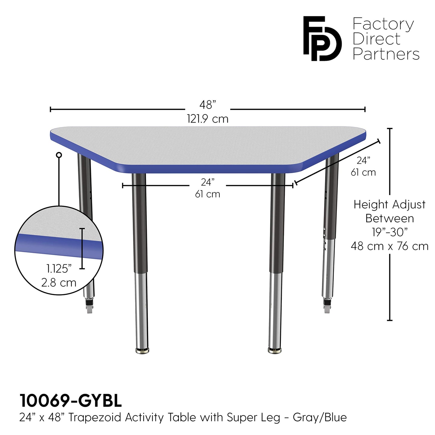 FDP Mobile Trapezoid Activity School and Office Table (24 x 48 inch), Super Legs with Glides and Casters for Collaborative Environments, Adjustable Height 19-30 inches - Gray Top and Blue Edge