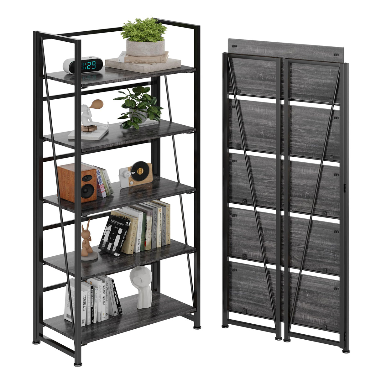 BHG Vintage Multifunctional Folding Bookshelf, No-Assembly Plant Stand Storage Rack Shelves for Home Office (Gray, 5-Tier)