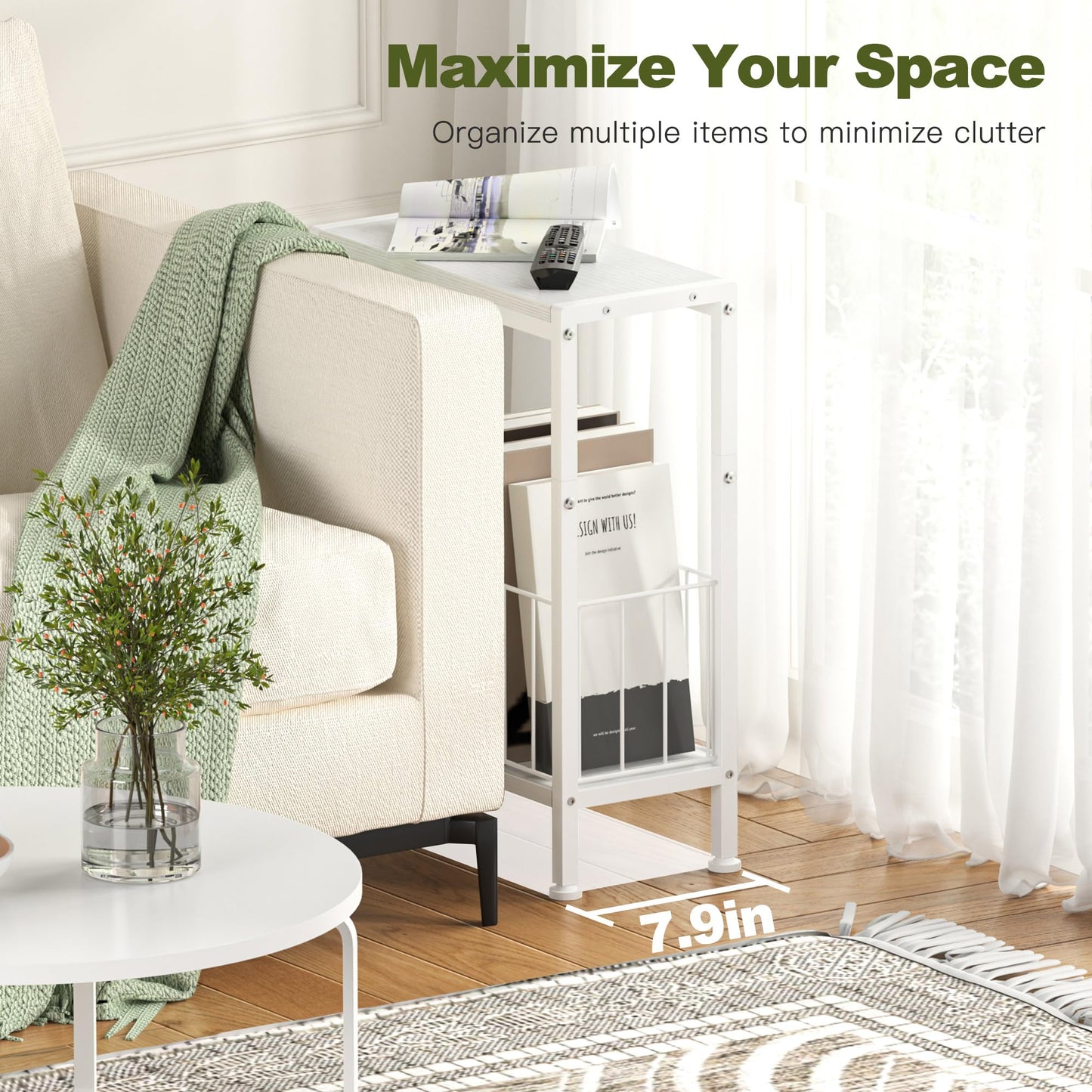 Lifenite Narrow Side Table, Skinny End Tables with Magazine Holder, Small Sofa Table for Small Spaces, Space-Saving Design, Slim Nightstand Bedside Table for Living Room, Bedroom, Office, White