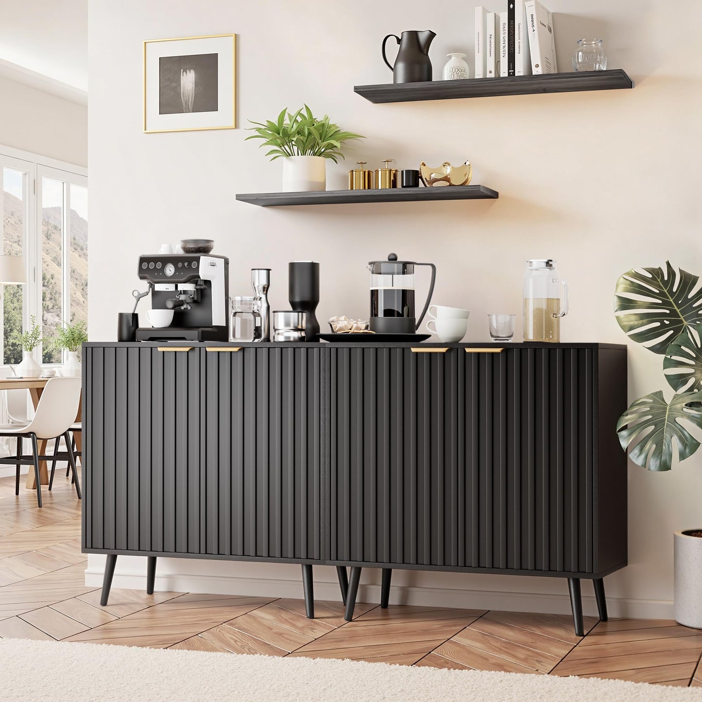 Vrullu Fluted Storage Cabinet, Black Sideboard and Buffet Storage with Adjustable Shelf, Wood Accent Cabinet for Living Room, Hallway, Entryway, Dining Room (1, Black+Gold)