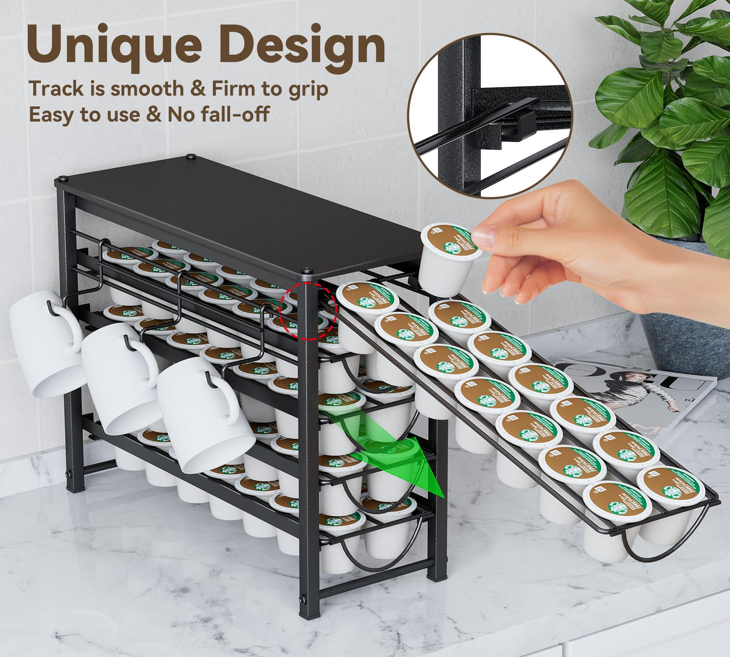 HFHOME Coffee Pod Holder For Counter, Pod Holder for K-cups, 5-tier Metal Coffee Capsule Storage Drawer, 70 Capacity Pods Organizer for Cafe Counter, Home, Office or Kitchen,3 cup rack, Black