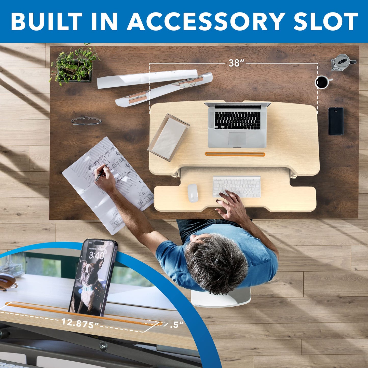 Mount-It! Height Adjustable Standing Desk Converter, 38” Wide, Desk Riser for 2 Monitors, Manual Gas Spring Sit Stand Desktop Raises to 16.9", Fits Two Monitor Screens with Keyboard Mouse Tray Maple