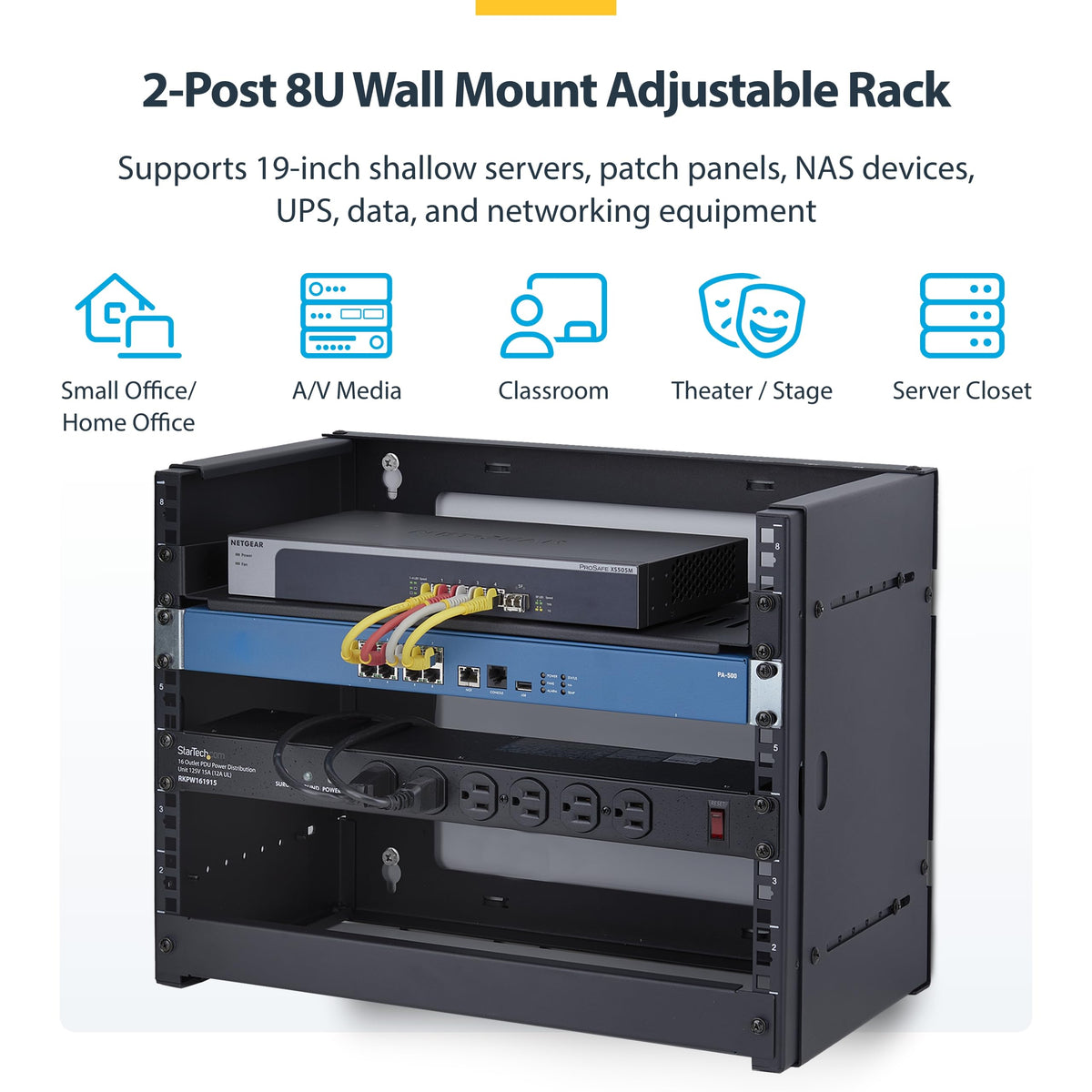 StarTech.com 2-Post 8U Wall Mounted Rack, Adjustable Depth up to 16in, for 19-inch Server/Data/Networking Equipment, Max 88lb