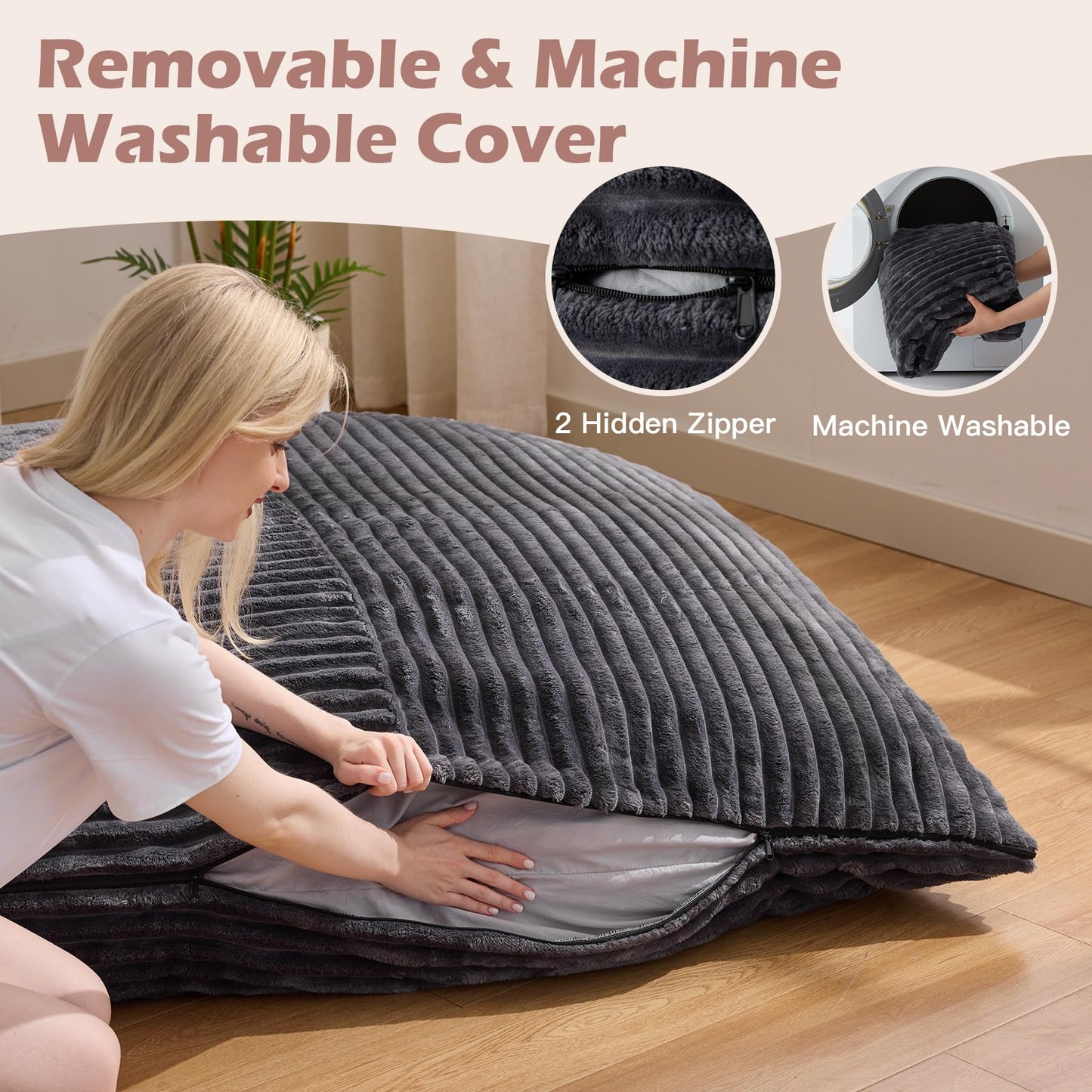 MuaMelop Bean Bag Chair, Giant Bean Bag Chair, 4 in 1 Convertible Beanbag Chairs for Adults with Removable Cover, Memory Foam Floor Cushions, Living Room, Bedroom, Dark Grey