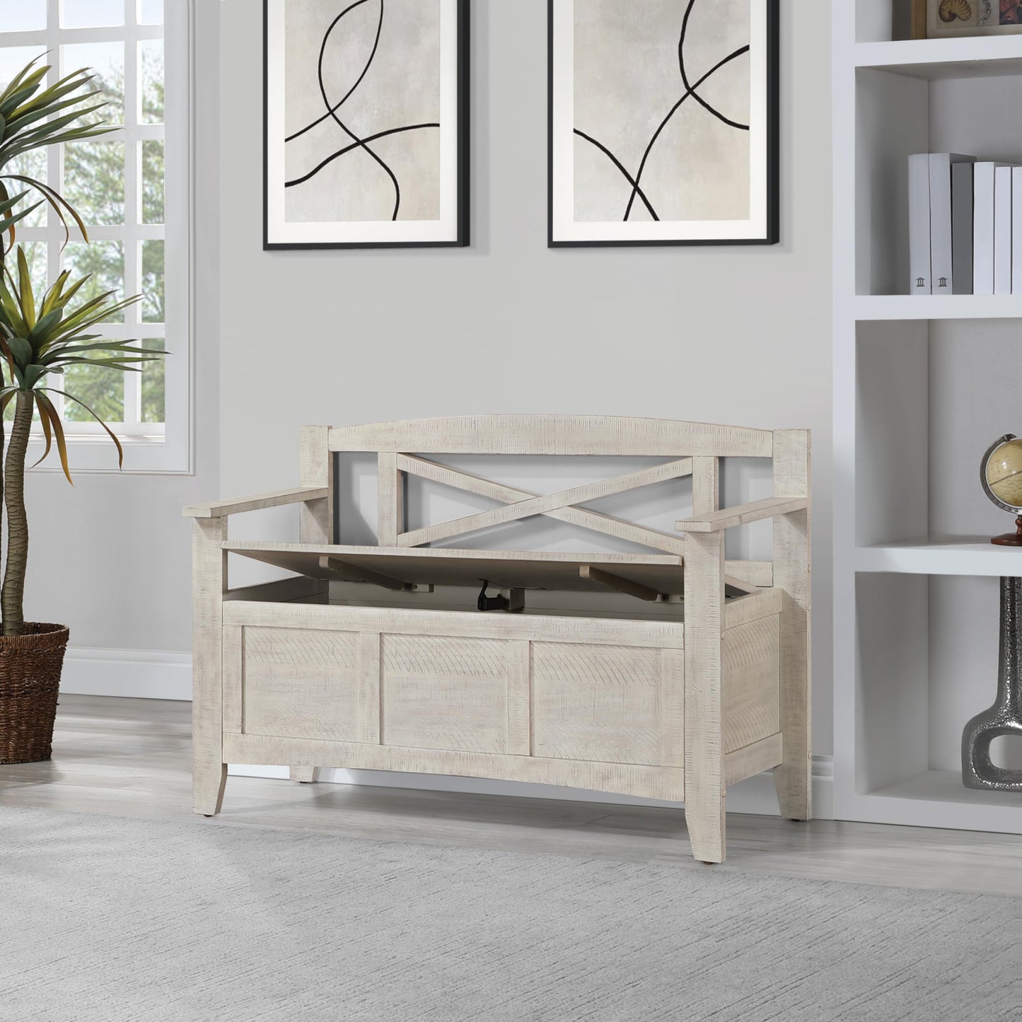 OSP Home Furnishings Metro Entry Way Storage Bench with X-Back, Distressed White Finish