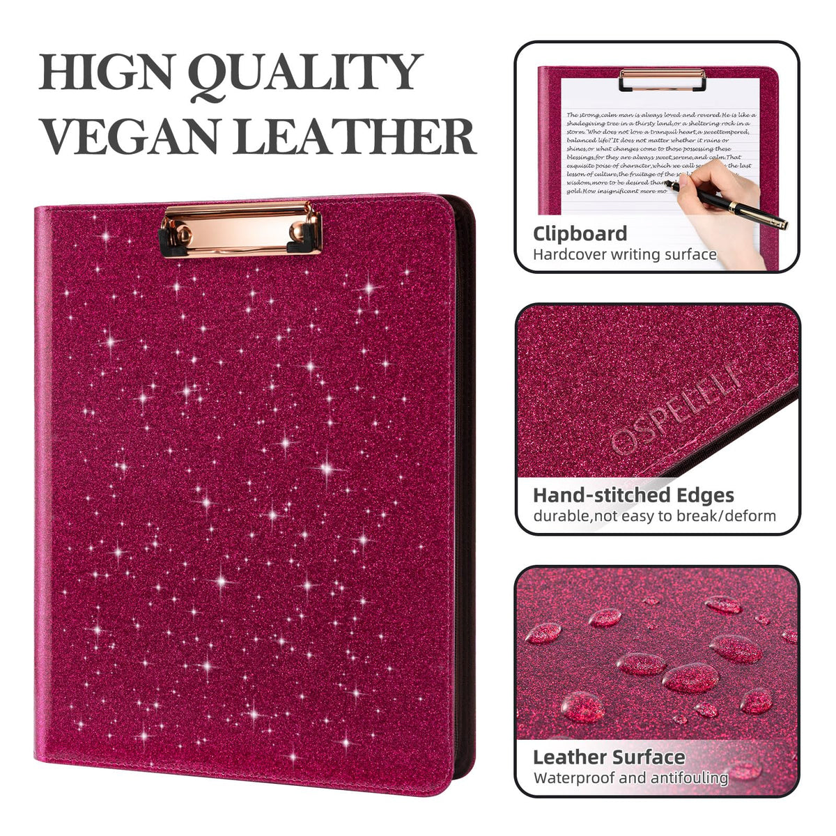 Ospelelf Zipper Clipboard with Storage, Leather Padfolio Portfolio Folder, 3 Ring Binder Dividers with Tabs, 12.1” Tablet Sleeve, Refillable Notepad, Card Slot (Rose Red)