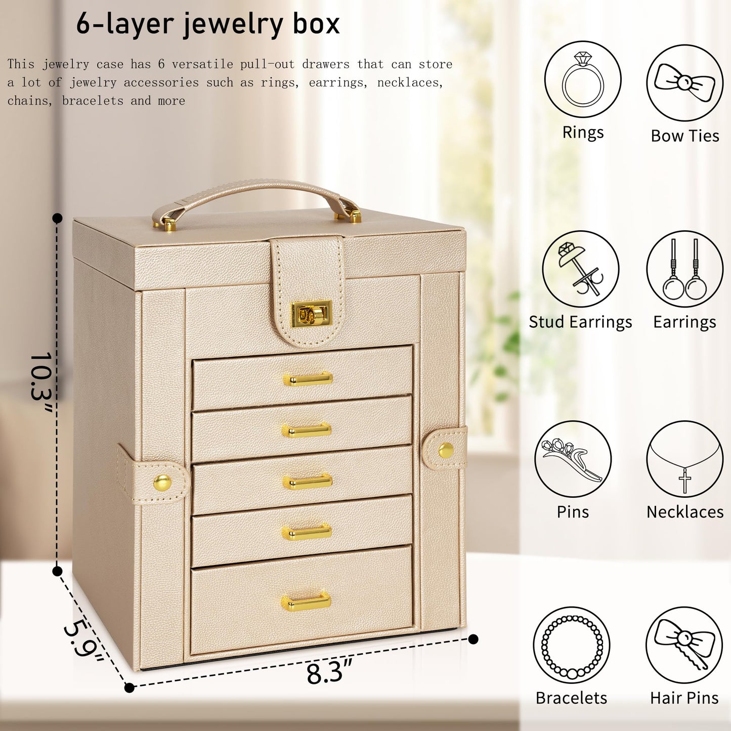 AKOZLIN 6-Tier Jewelry Box Organizer Functional 5 Drawers Leather Jewelry Storage Case for Women Girls Ring Necklace Earring Bracelet Holder Organizer with Mirror Champagne Regular