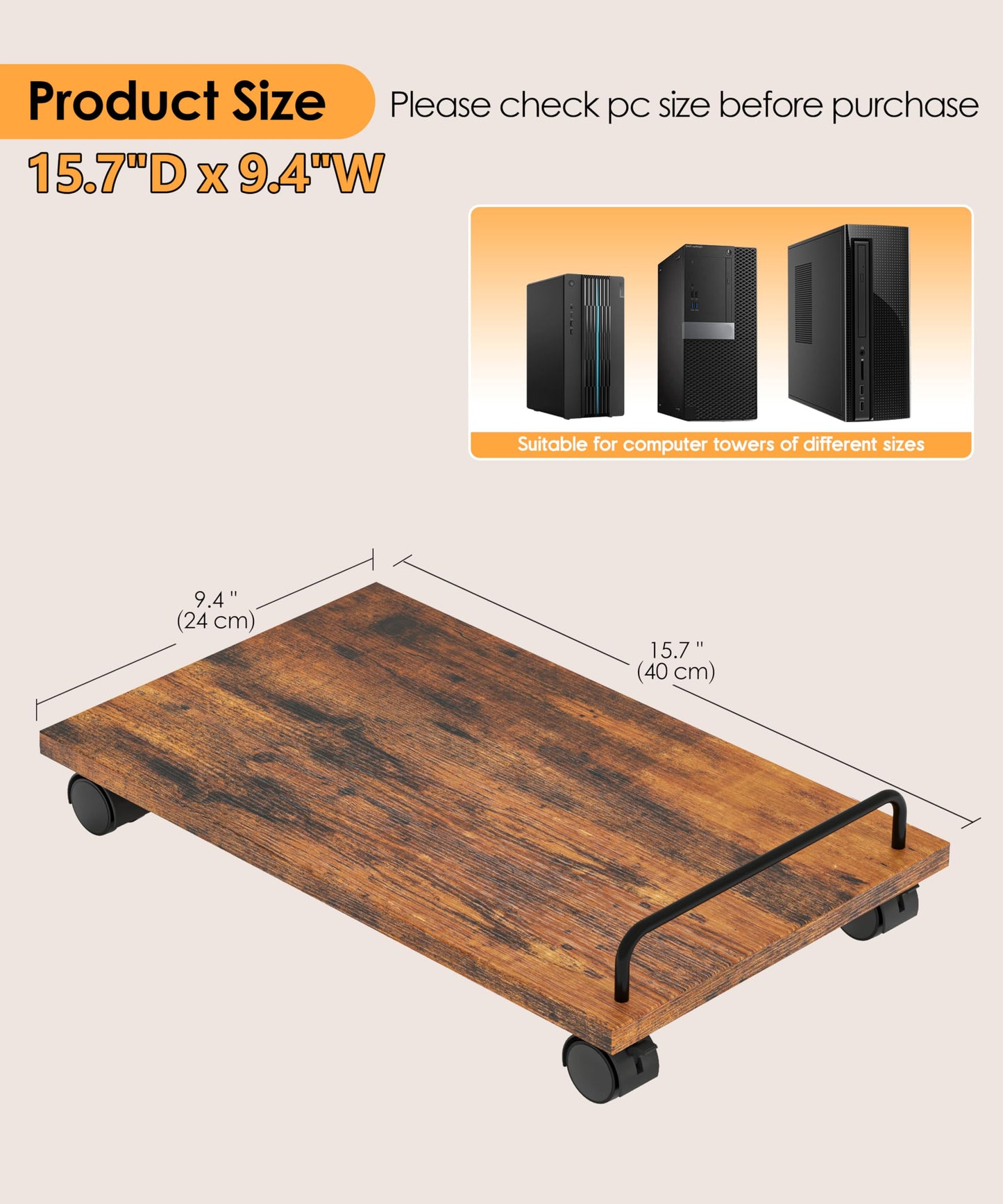 Akxomel Mobile CPU Stand, Computer Tower Stand with 4 Caster Wheels, Under Desk PC Cart for Floor, Industrial PC Tower Holder for Carpet, for Office, Rustic Brown