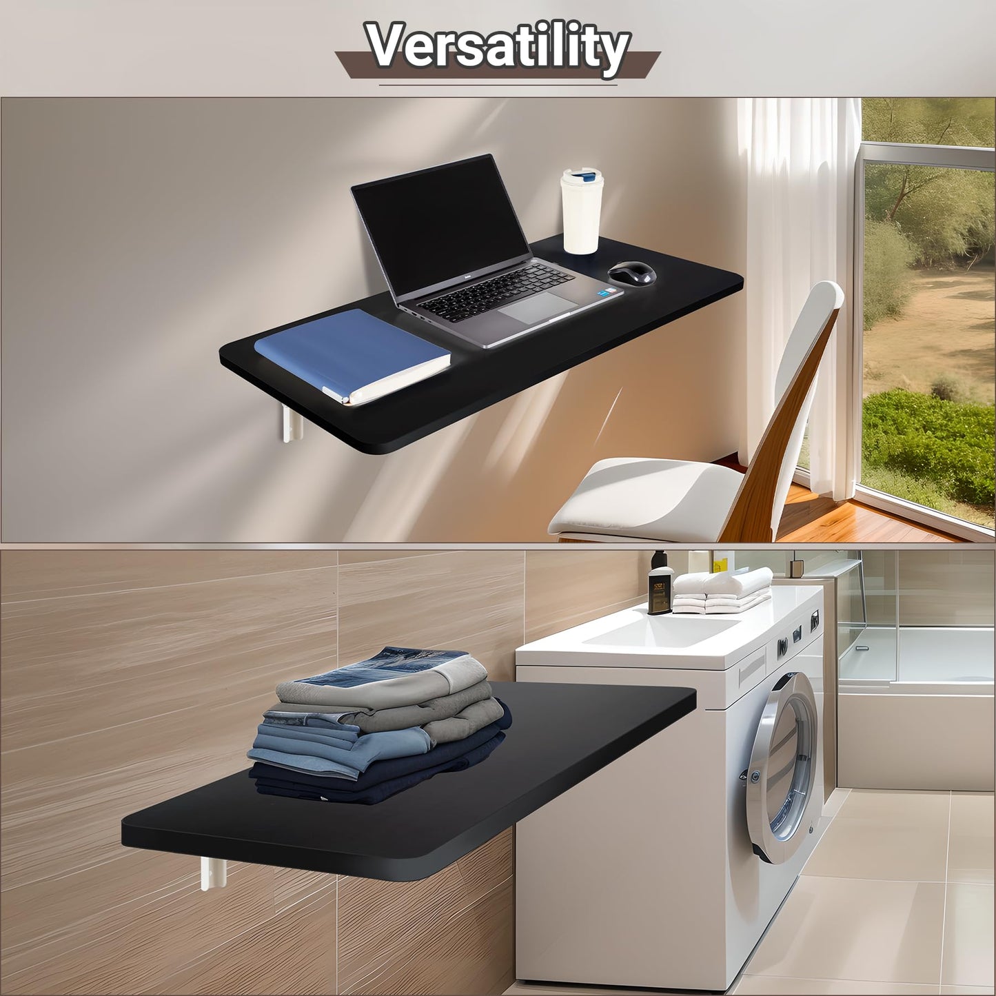 Neoaider Upgrade Wall Mounted Folding Table 31.5”L x 15.7”W, Laundry Folding Table with Heavy Duty Metal Collapsible Shelf Brackets, Wall Mounted Desk Fold Down for Small Spaces, Black