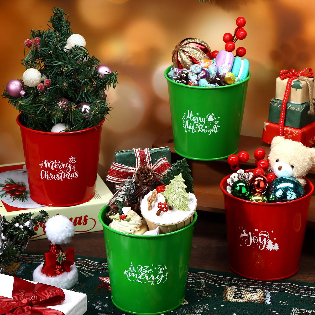 LIUBUJINGYING 20 Pcs Christmas Metal Buckets Christmas Galvanized Flower Planters Pots Red Green Farmhouse Metal Pail Rustic Decorative Gardening Containers for Party Home Xmas Outdoor Indoor Decor