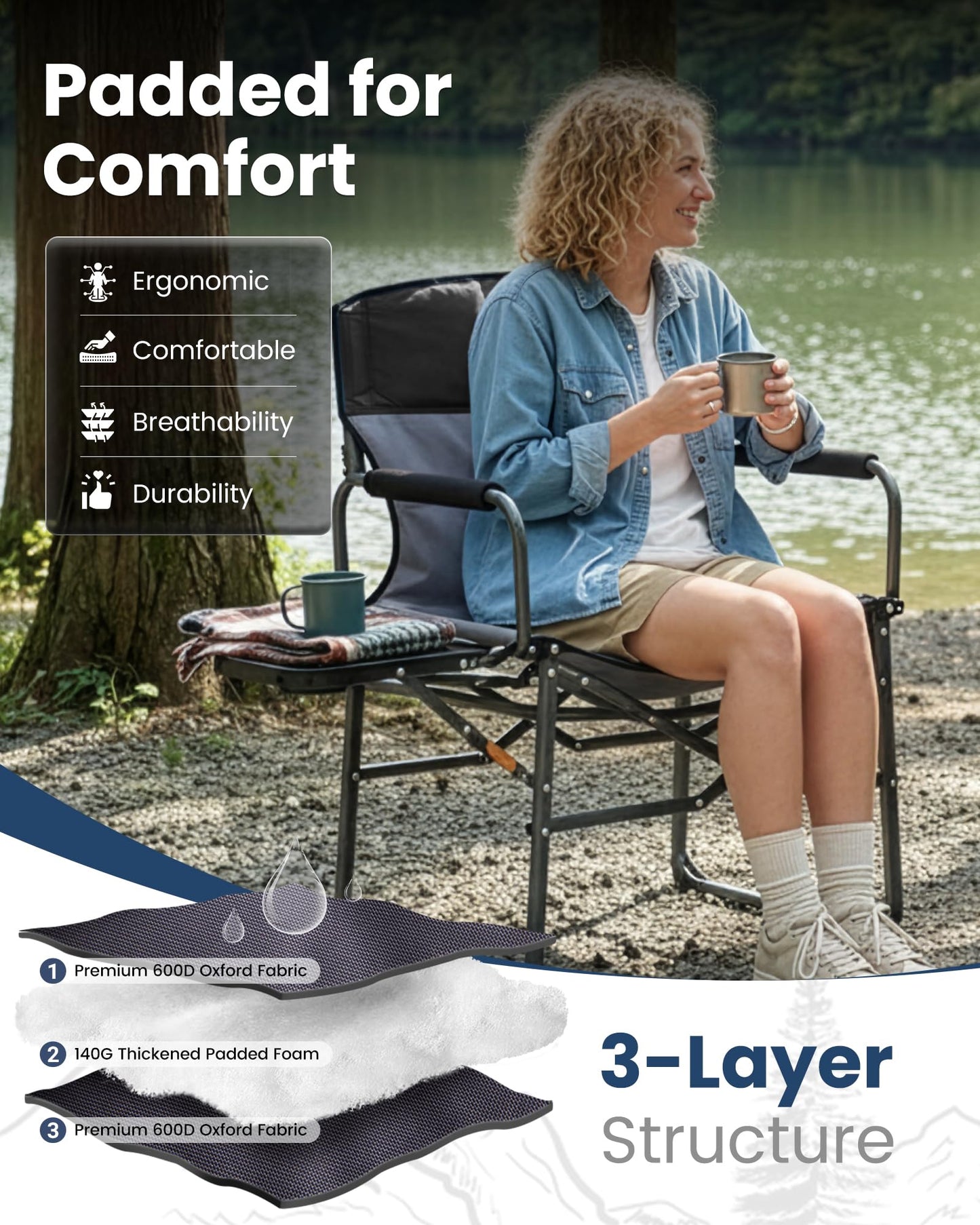KingCamp Oversized Camping Directors Chair for Big and Tall, Heavy Duty 440lbs Folding Chairs with Side Table, Portable Padded Camp Chairs with Wide Seat & Anti-Sag Fabric for Outdoor Lawn Fishing RV