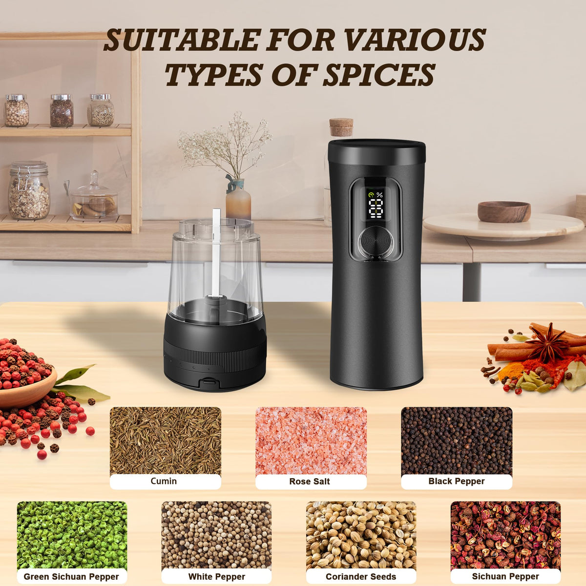 Electric Salt and Pepper Grinder Set, Automatic Refillable Salt and Pepper Shakers 2-Speed Setting with LED Light and 5 Adjustable Coarseness,Practical and Convenient Kitchen Gadgets（Black）