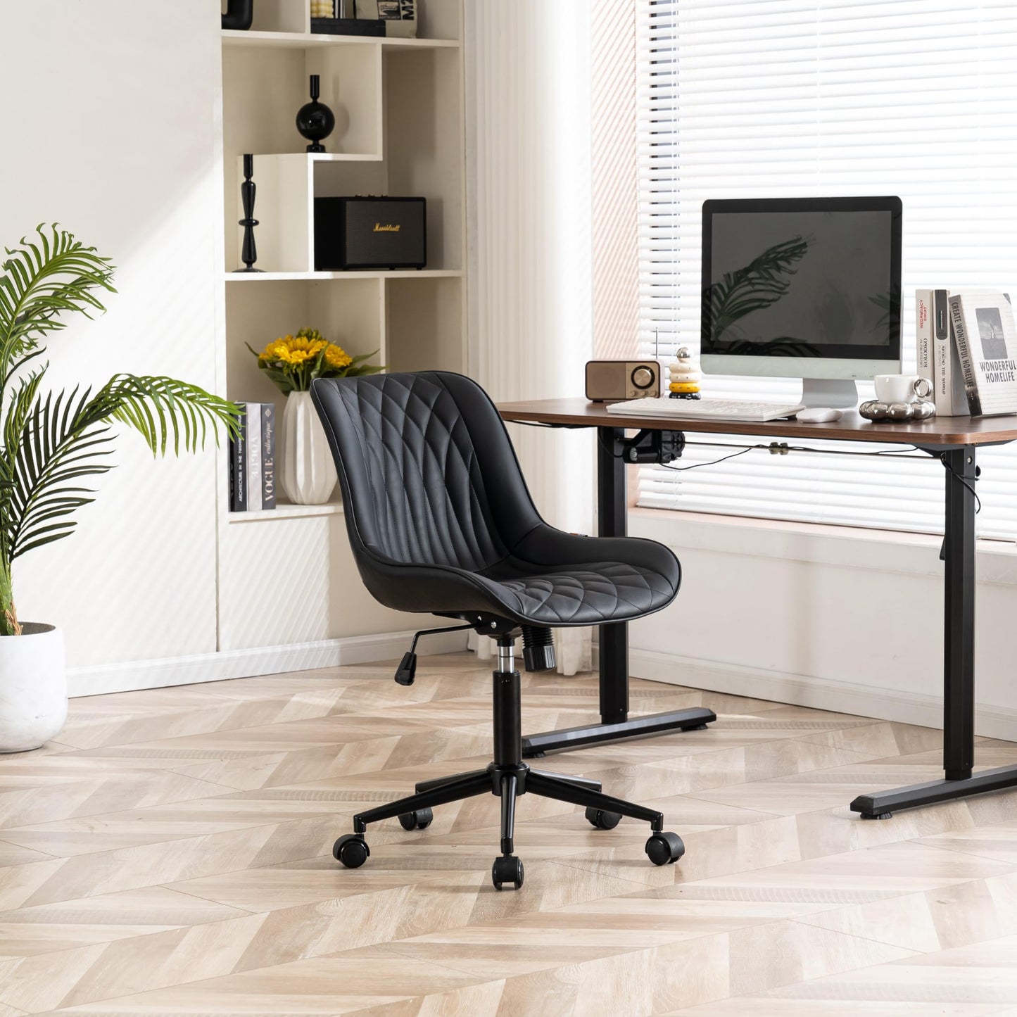 YOUNIKE Black Faux Leather Ergonomic Office Chair Armless Comfy Desk Chair with Rocking Back Cute Swivel Vanity Chair with Wheels Height Adjustable Small Computer Task Chair for Sewing Drafting
