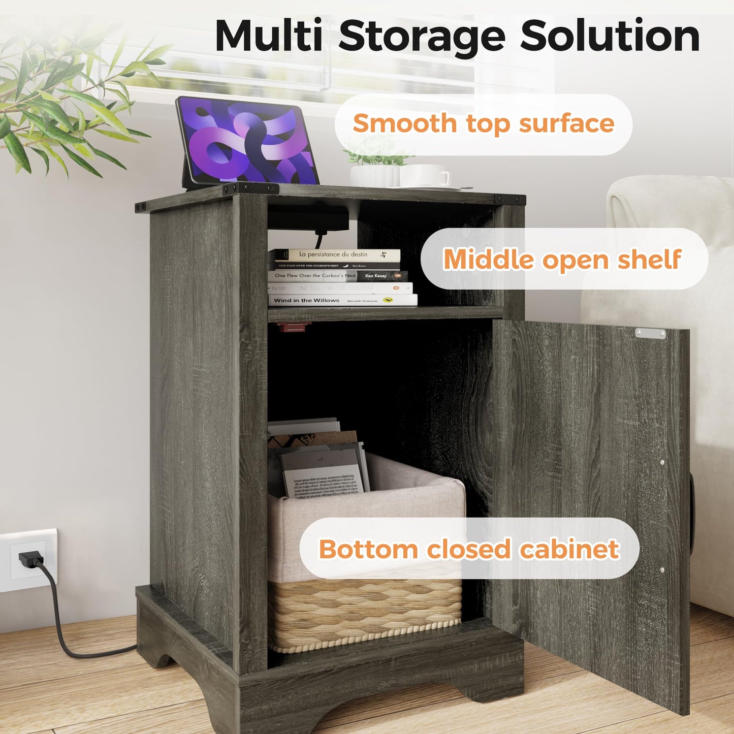 RoyalCraft Farmhouse Nightstand, End Table with Charging Station, Tall Bedside Table with Large Storage Room and Shelf, Wooden Rustic Side Table for Bedroom, Home Office, Dark Grey