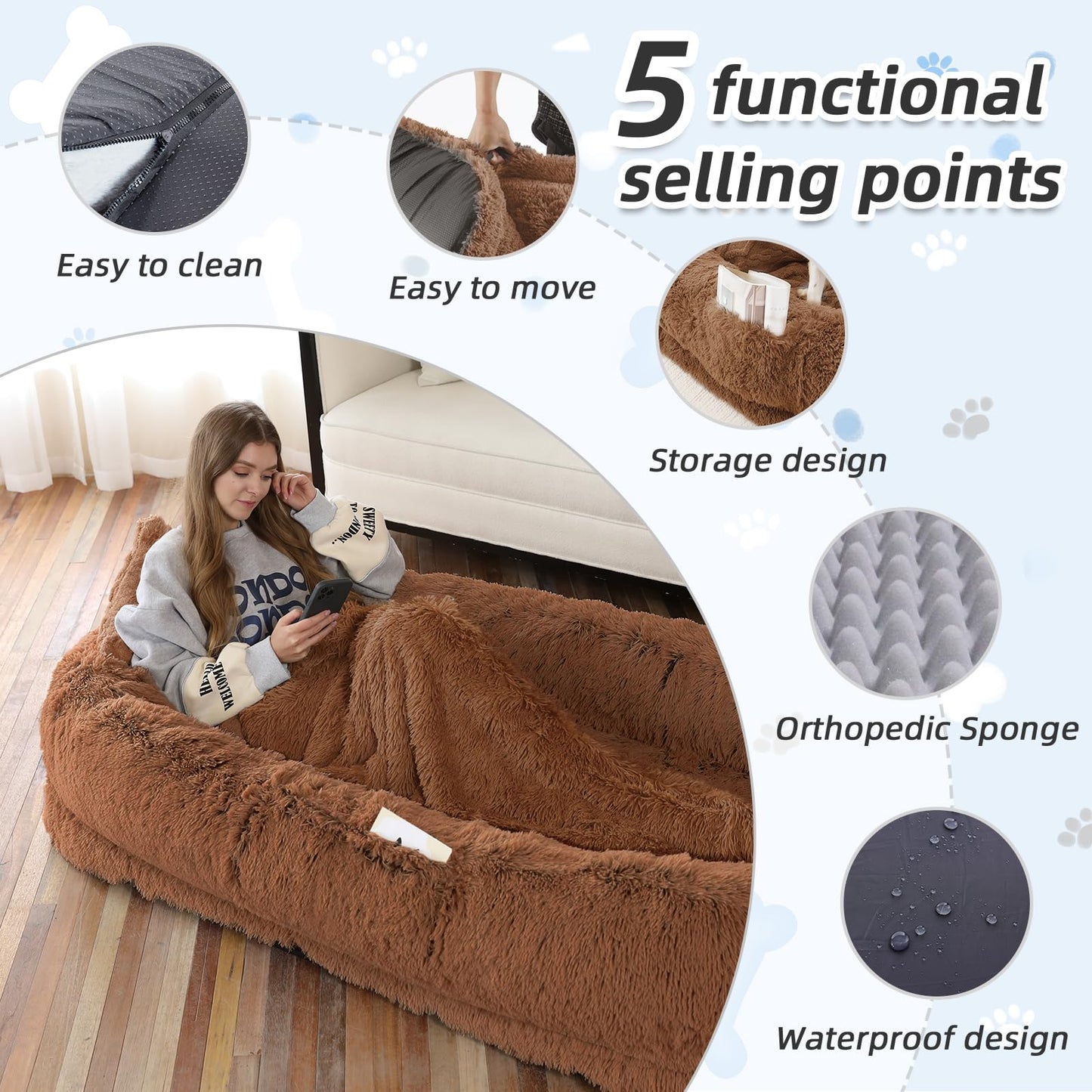 Human Dog Bed, 71''x45''x12'' Size Fits You and Pets, Washable Faux Fur Pet Bed for People Doze Off, Napping Orthopedic Dog Bed, Present Plump Pillow, Blanket, Strap - Brown