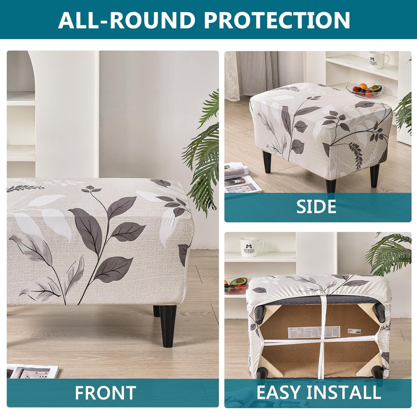 KRFOONN Ottoman Slipcovers Stretch Rectangle Footrest Stool Covers Printed Ottoman Cover for Foot Stool Furniture Protector with Non Slip Elastic Bottom(22, X-Large)
