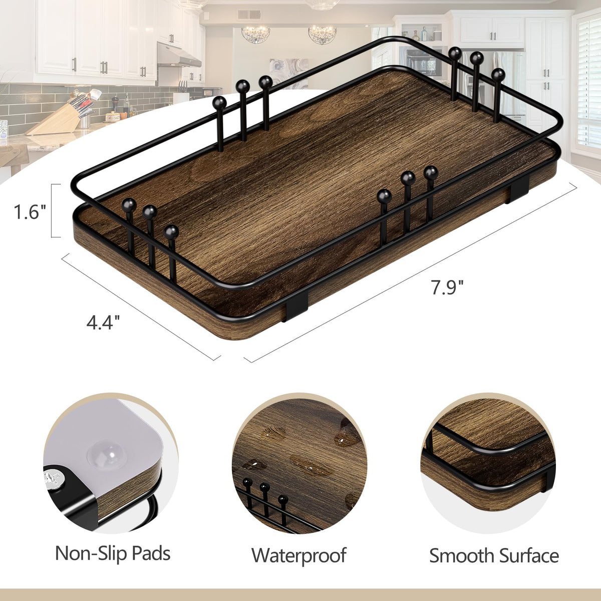 Pursura Bathroom Vanity Tray for Toiletries Makeup Perfume Candle Toilet Tank, Kitchen Tray for Soap Dispenser Spice Salt, Small Tray for Countertop Decor Coffee Nightstand 7.9”x4.4” Brown-Black