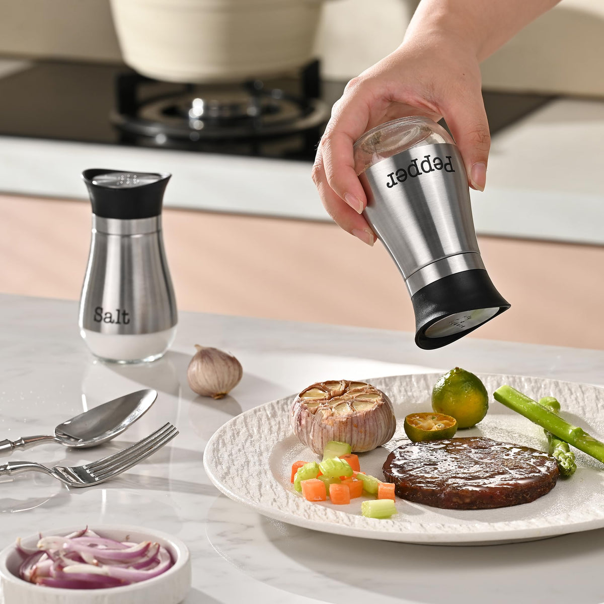 Fox Run Modern Salt and Pepper Shakers, Set of 2 Kitchen Shakers with 4 Ounce Capacity