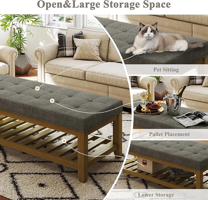 Befurtori Large Rectangular Upholstered Ottoman Bench, Linen Tufted Footrest
