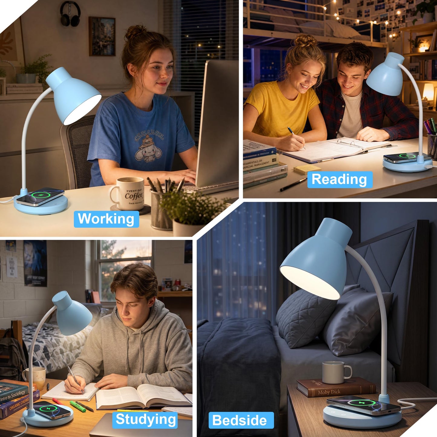 Vicsoon Desk Lamps for Home Office - LED Desk Lamp with Wireless Charger, 3 Color Modes Dimmable Eye-Caring Study Reading Desk Light, Small Flexible Arm Table Lamp for College Dorm Room Bedside, Blue