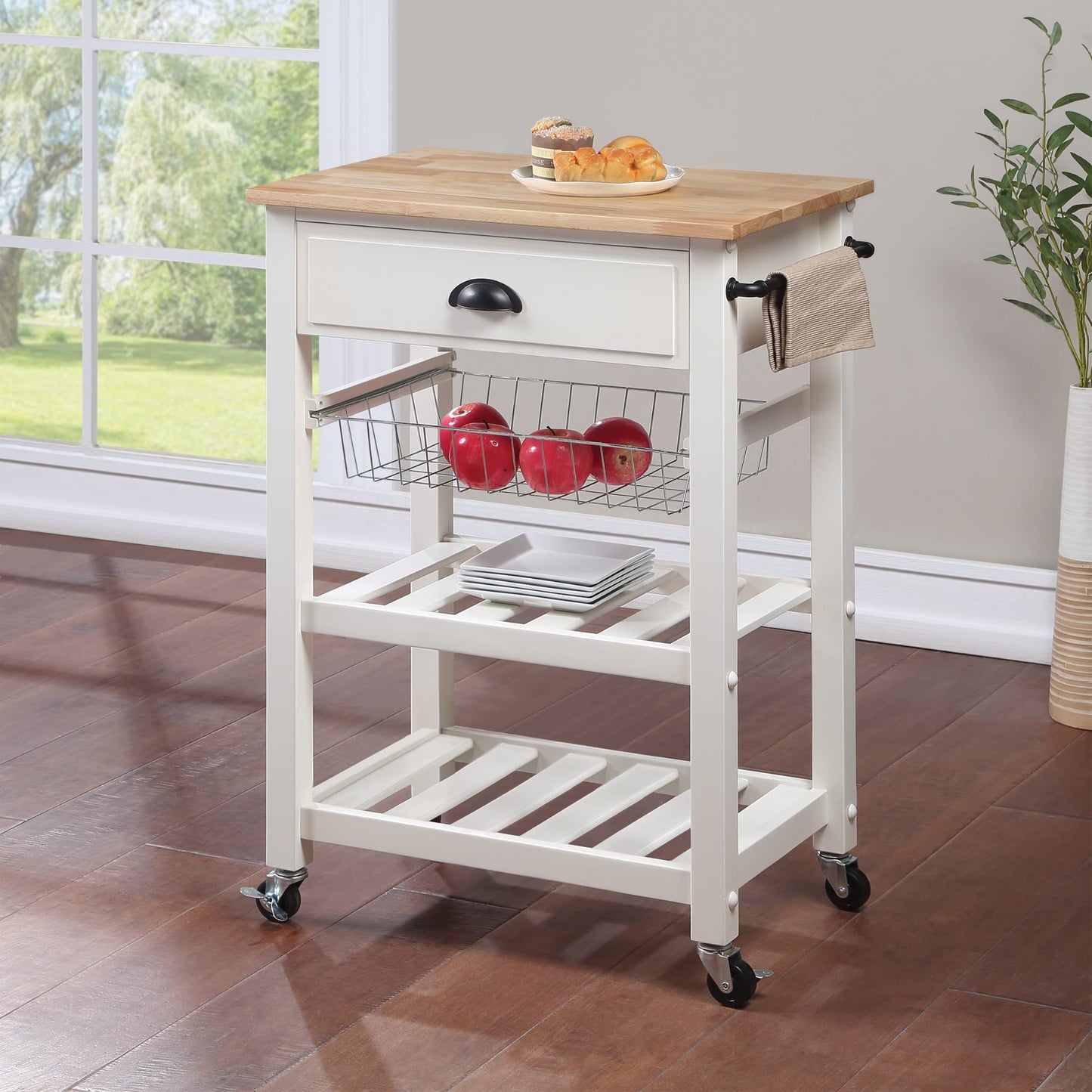 OSP Home Furnishings Hampton Kitchen Cart with Wood Top, Utensil Drawer, Under Cabinet Basket, and 2 Slatted Shelves, White Base