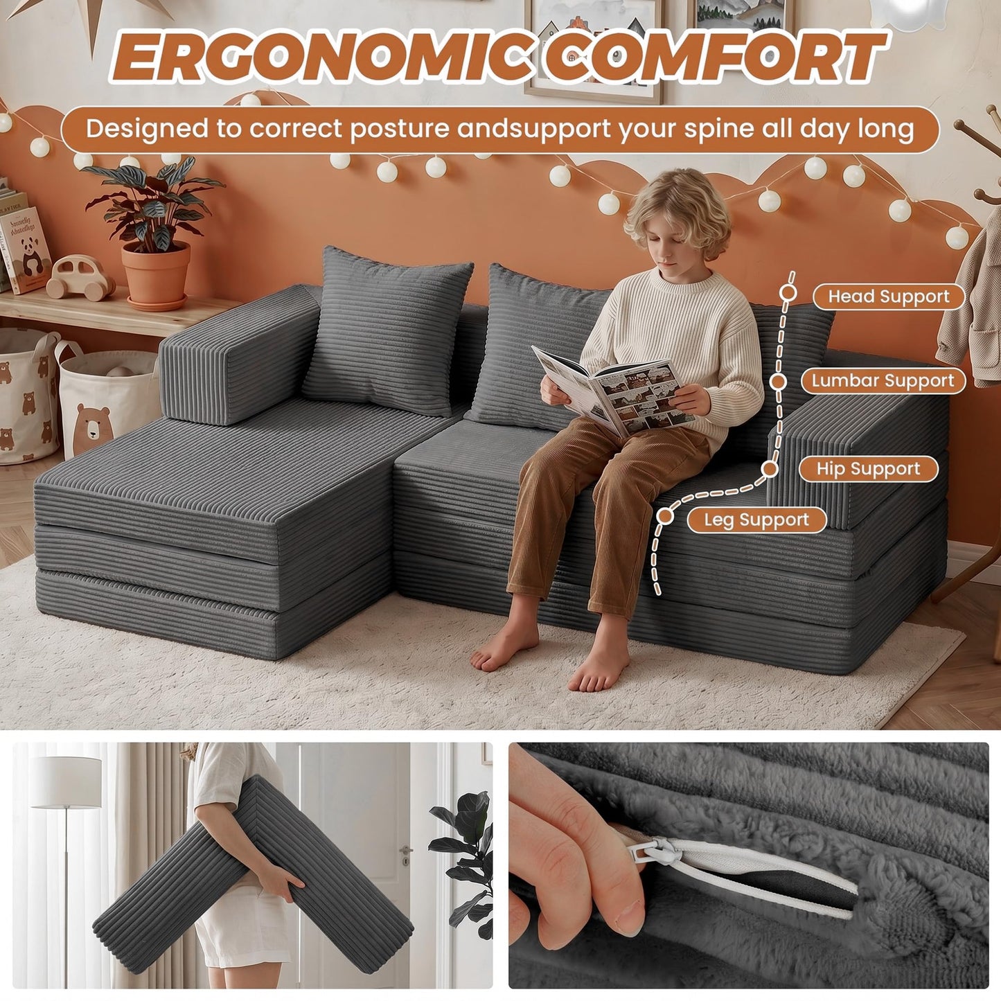 feliz home 6-in-1 Tri-Folding Mattress | Cloud Boneless L-Shaped Modular Sectional Couches | Corduroy Pet-Friendly Convertible Futon Sofa Bed with 800LB Capacity Apartment, Guest Room, Game Room