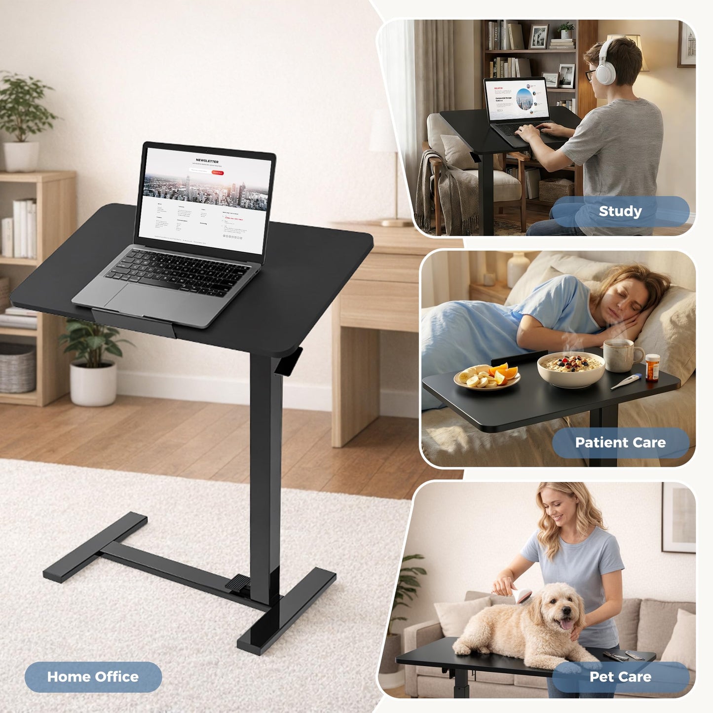 DUMOS Mobile Standing Desk, Height-Adjustable Computer Cart with Pneumatic Lift, Portable Computer Workstation Cart for Bed, Couch, Office, Sofa, Black