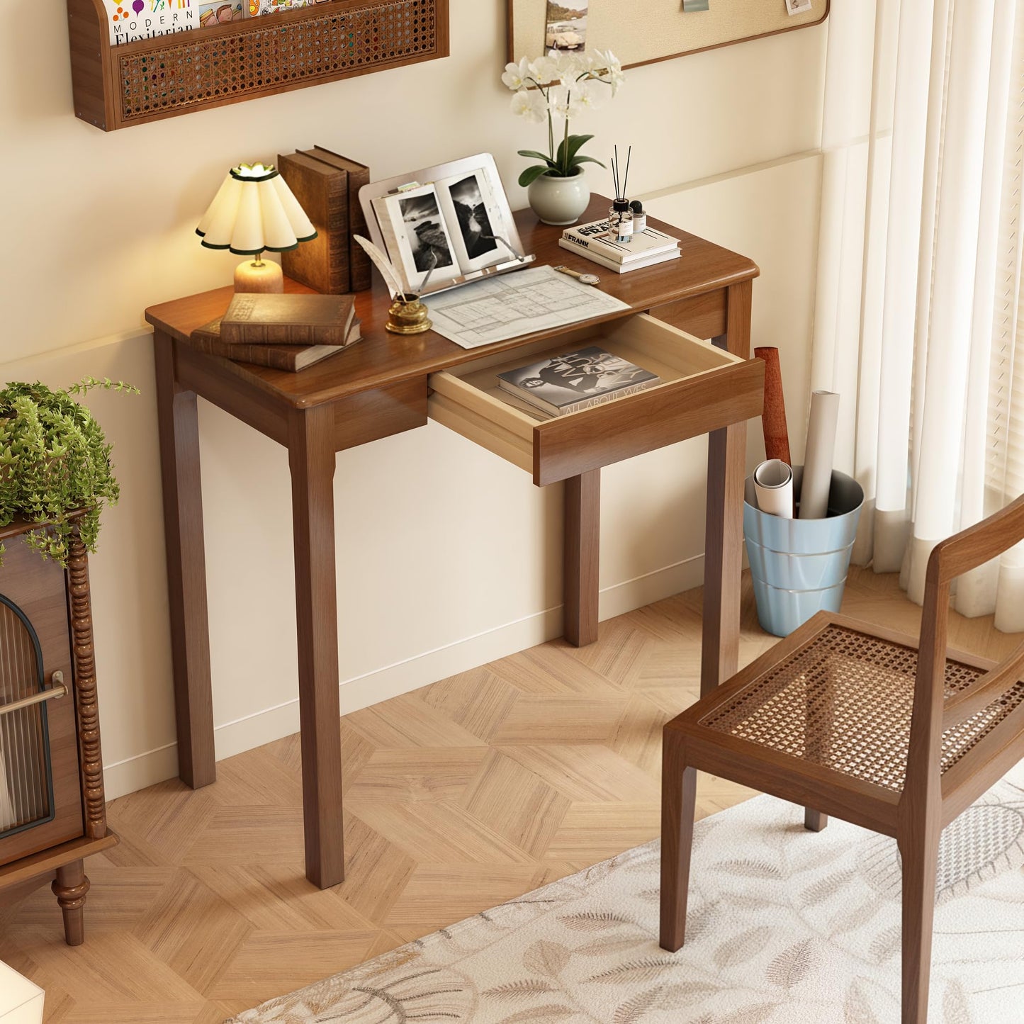 Love-KNPTUS Solid Wood Desk with Drawers - 31.5" Narrow Desks for Small Spaces, Mid Century Modern Desks, Small Wooden Vintage Computer Writing Desk, Study Table for Home Office Bedroom, Walnut