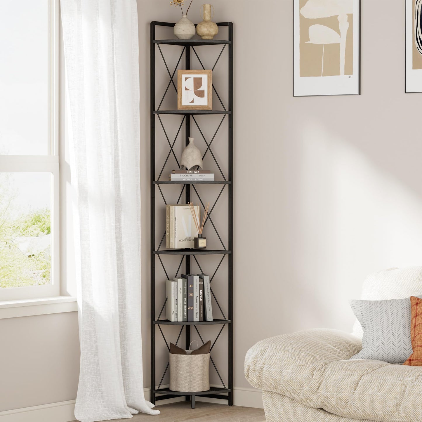 Cerlyunzan 6 Tier Corner Shelf Stand, 78" H Tall Industrial Corner Bookshelf for Living Room Decor, Metal Corner Shelf, Plant Stand Display Shelf for Bedroom, Bathroom, Small Space, Black