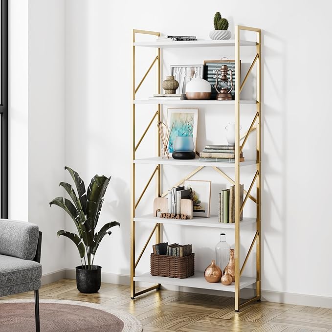 Shintenchi 5 Tiers Bookshelf, Classically Tall Bookcase Shelf, Industrial Book