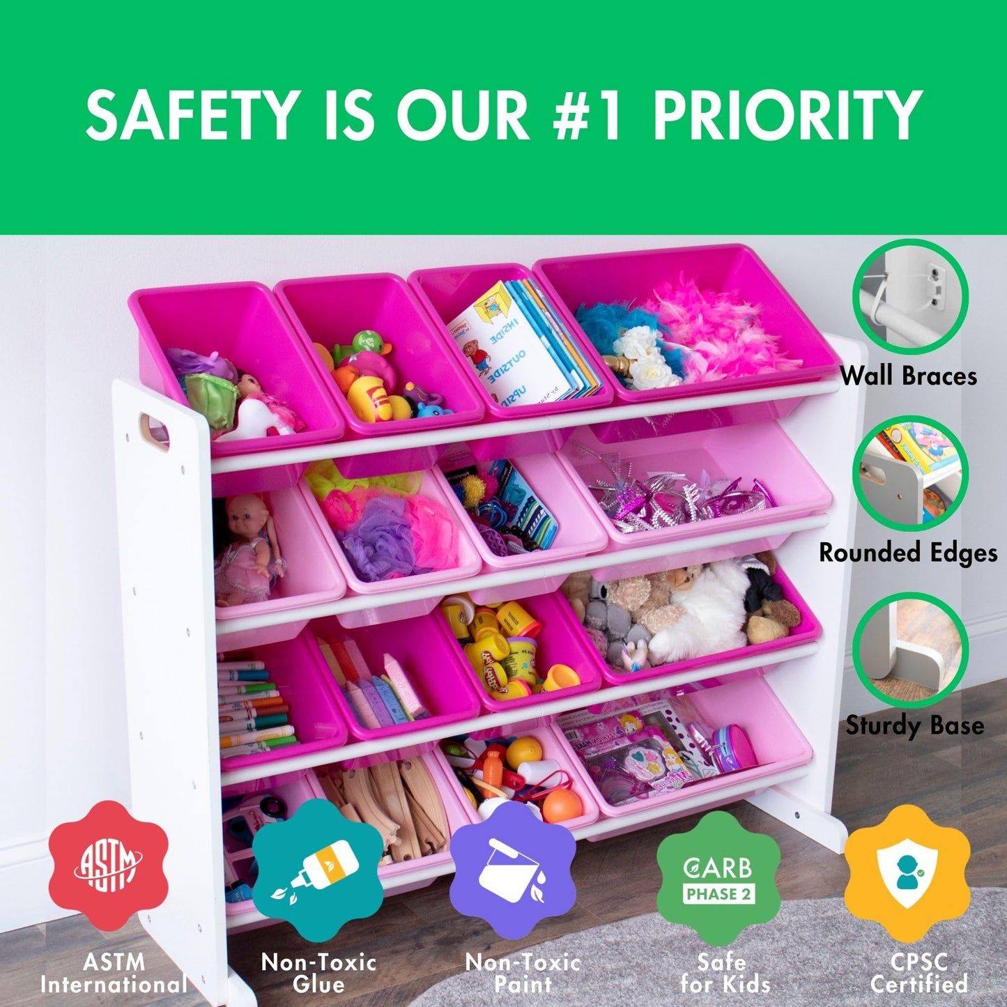 Humble Crew Supersized Toy Storage Organizer with 16 Removable Bins, White/Pink – Large Toy Storage for Toddlers Ideal for Kids' Rooms, Playrooms, and Nurseries - Modern Toy Bins for Kids