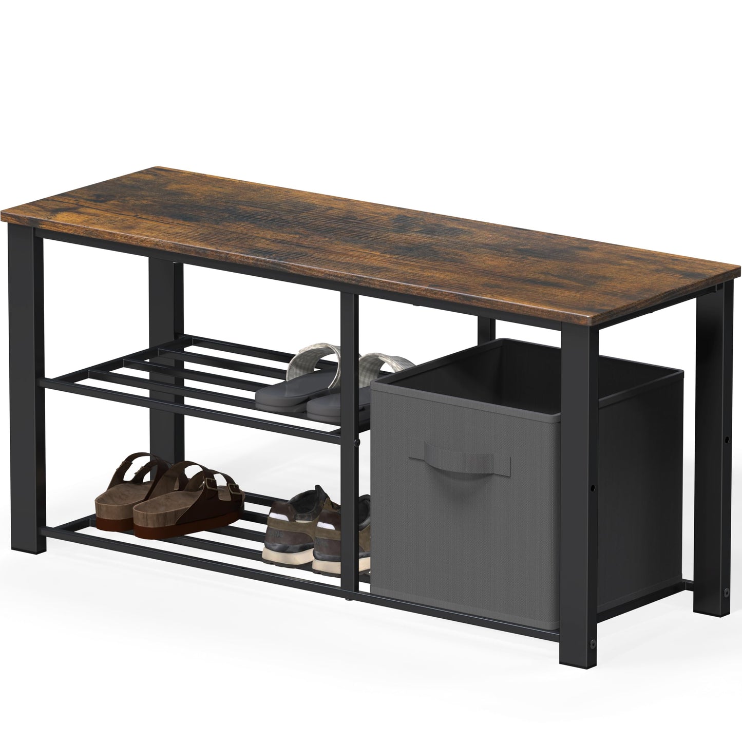 Simple Houseware 2 Tier Shoes Bench with Wood Top and Storage Bins, Rustic Brown