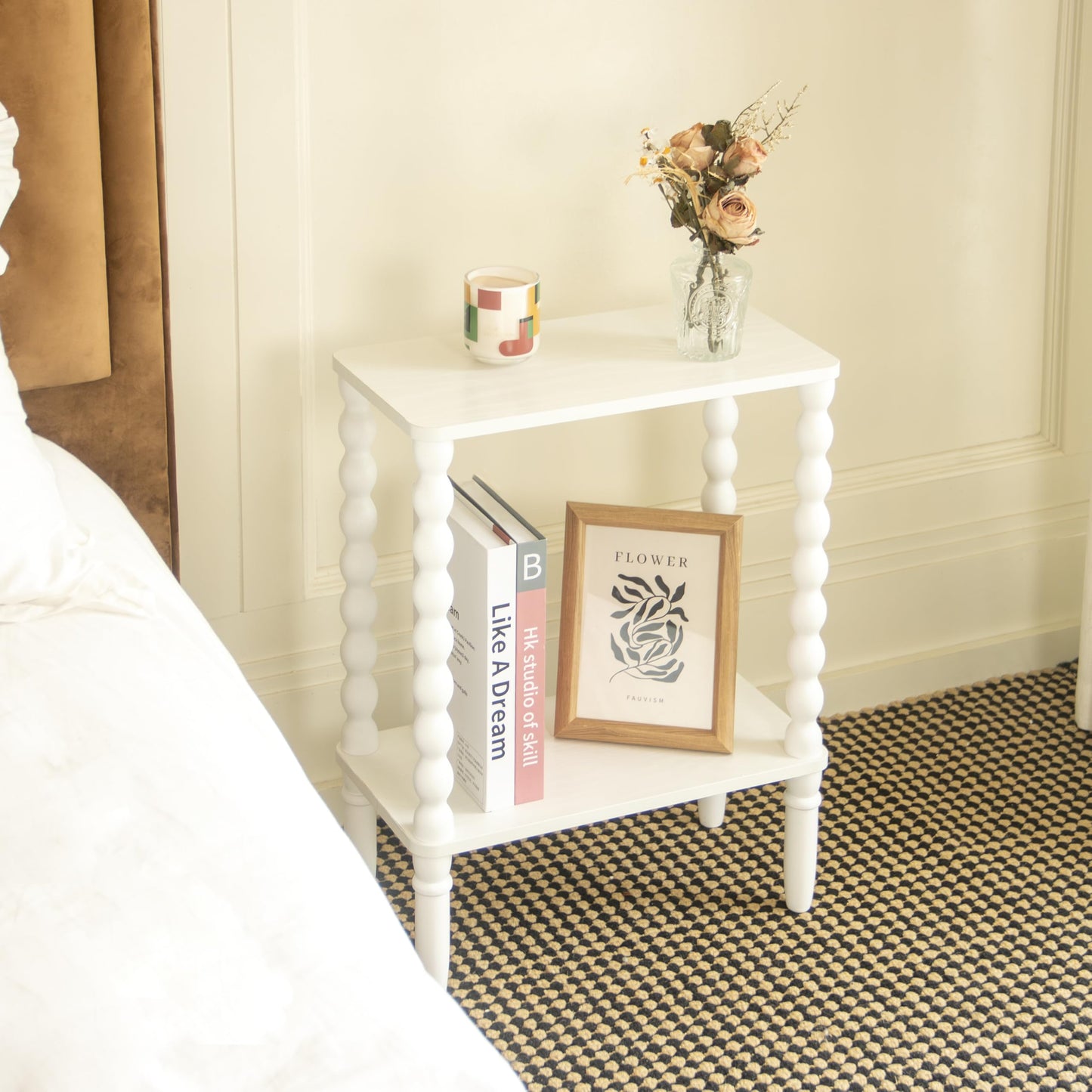 Fultyle Narrow Side Table, Small End Table with 2-Tier Storage, Small Bedside Table Slim Nightstand for Narrow Spaces, Living Room, Bedroom (White)