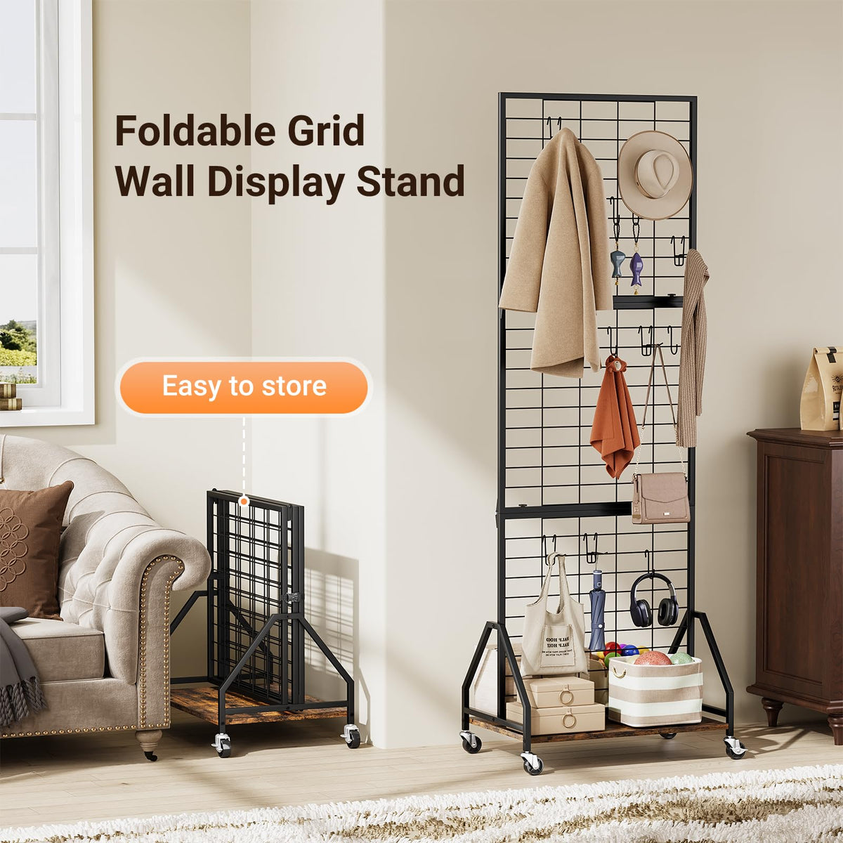 ELYKEN Foldable Grid Wall Panels 5.5' x 2' FT, Movable Wire Gridwall Display Rack with Wheels and Adjustable Foots, Retail Display Stand for Vendor with Storage (Rustic Brown)