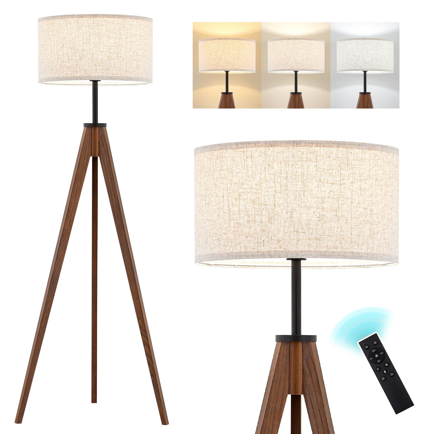 ELYONA Ash Wood Tripod Floor Lamp Stepless Dimmer & Color Temperature, Remote Control Mid Century Modern Coner Standing Lamp Linen Shade for Living Room Bedroom Office, LED Bulb Included, Walnut