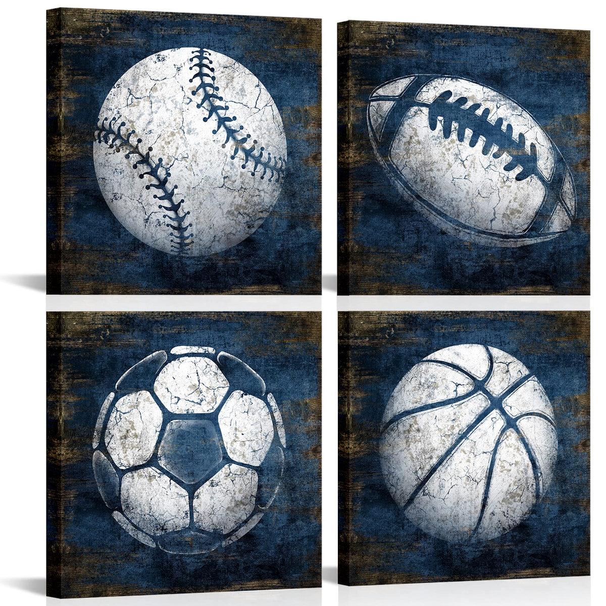 KLVOS Navy Blue Sports Wall Art Décor Basketball Baseball Soccer Football Canvas Art Prints Sport Balls Picture for Man Cave Kids Teenagers Boy Room Decor 12x12inchx4 Piece