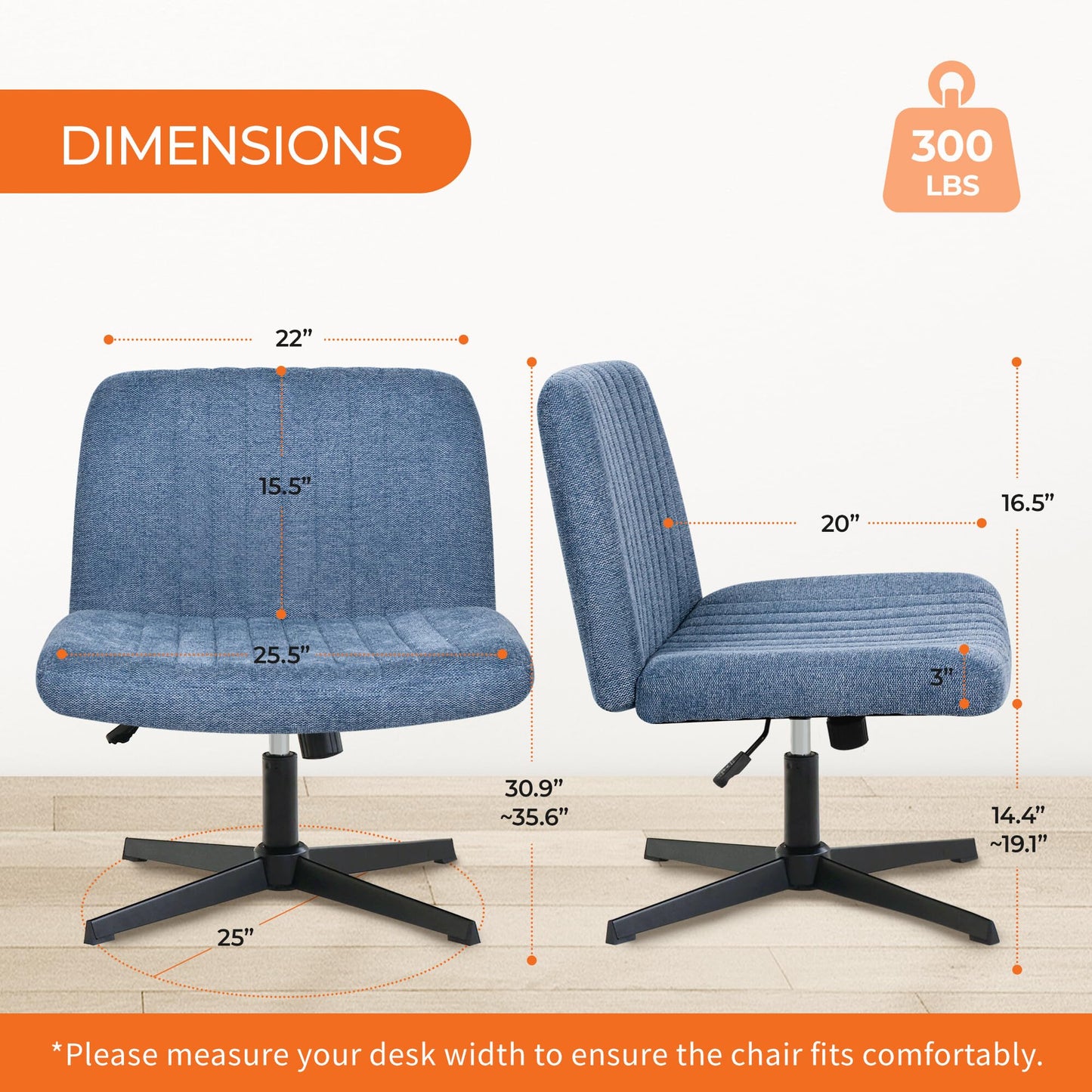 Orange Factory Criss Cross Chair No Wheel Wide Cross Legged Office Desk Vanity Chair Comfy Fabric Armless Adjustable Swivel for Home Computer Task (Blue No Wheel, Classic Fabric)