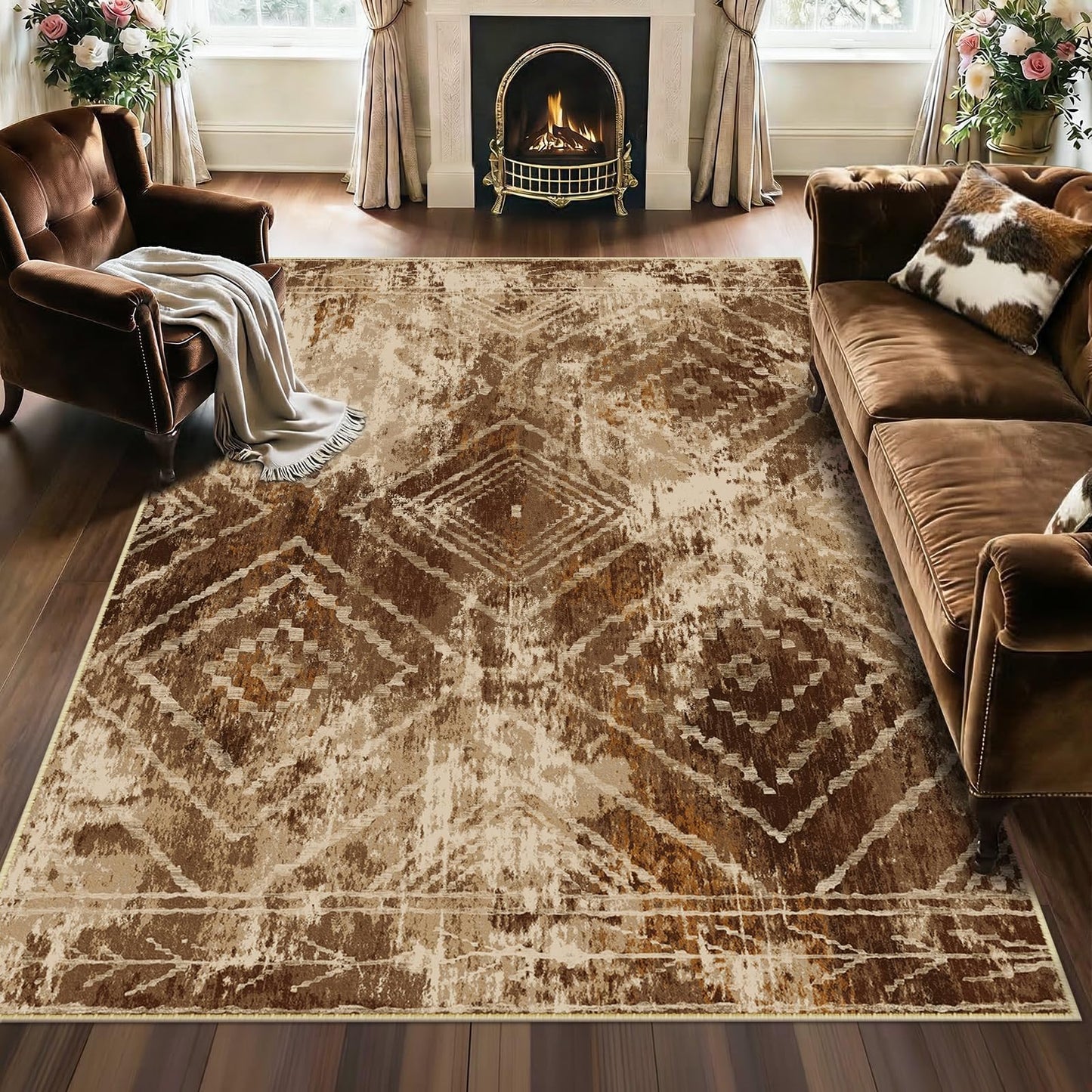BESTSWEETIE Area Rug 8x10 Rug Machine Washable Non-Slip Low Pile Print Pattern Western Rug for Living Room Bedroom Entryway Tribal Series-Abstract/Cowhide