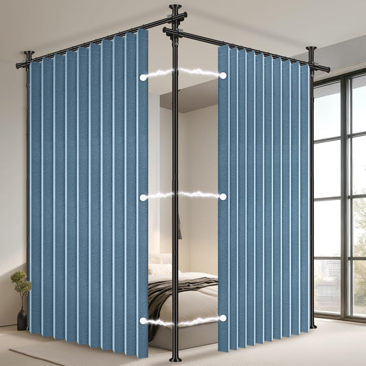 100% Blackout Room Divider Curtains Sets Blue 2 Panels W100 x L84in No Drill Curtain Rods(H) 43-120×(W) 35-200 in for Studio Apartment Dorm Office