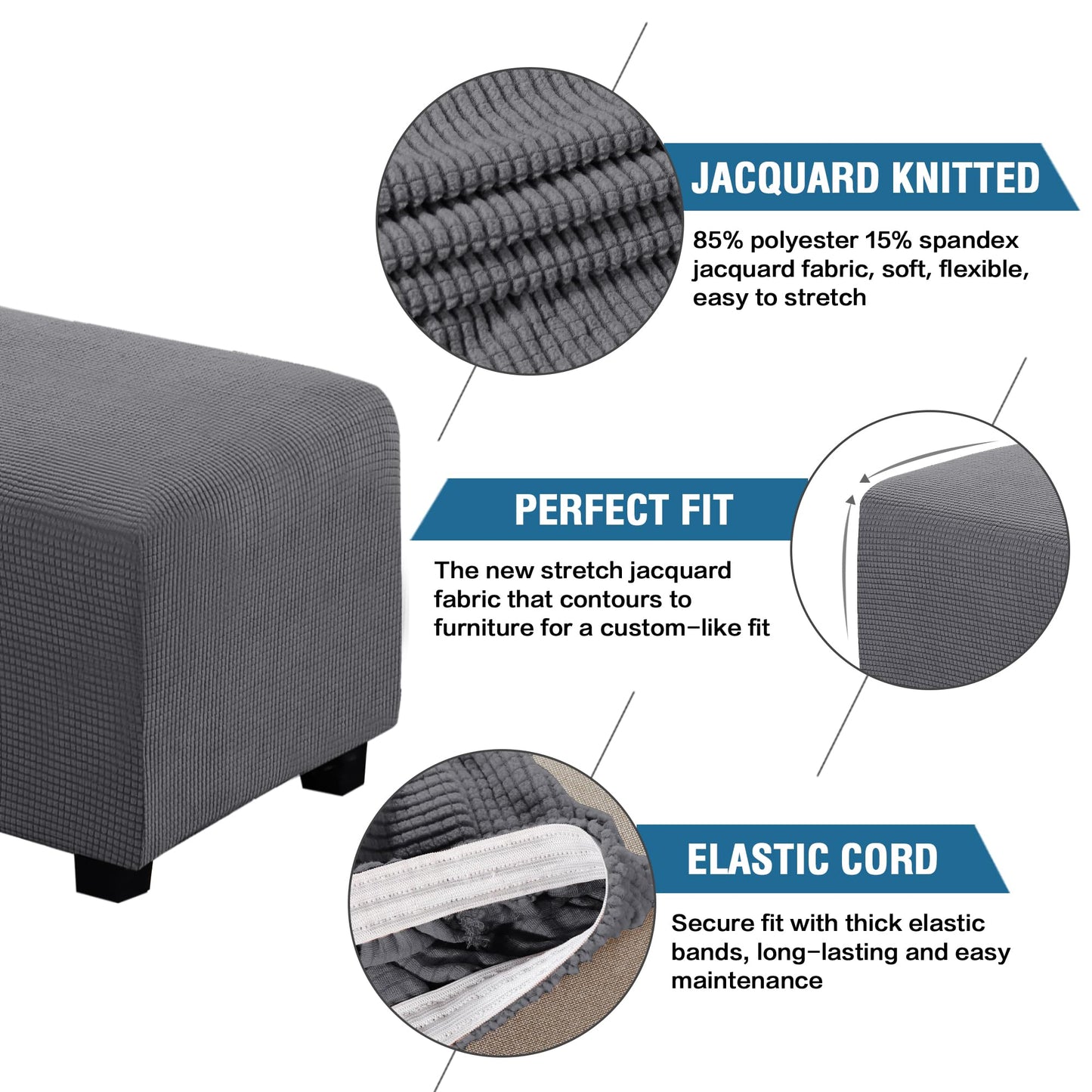 H.VERSAILTEX Ottoman Cover Slipcover Rectangle Fit Length 29"-34" Footrest Sofa Slipcovers Stool Cover Footstool Protector Covers Feature Stretch Thick Soft Jacquard Fabric Removable Washable - Grey