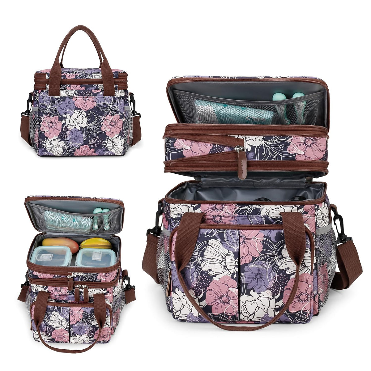 MOV COMPRA Lunch Bag for Women Men Double Deck Expandable Lunch Box,Large Lunch Bags,Leakproof Lunch Box Cooler Bag (Purple Flower)