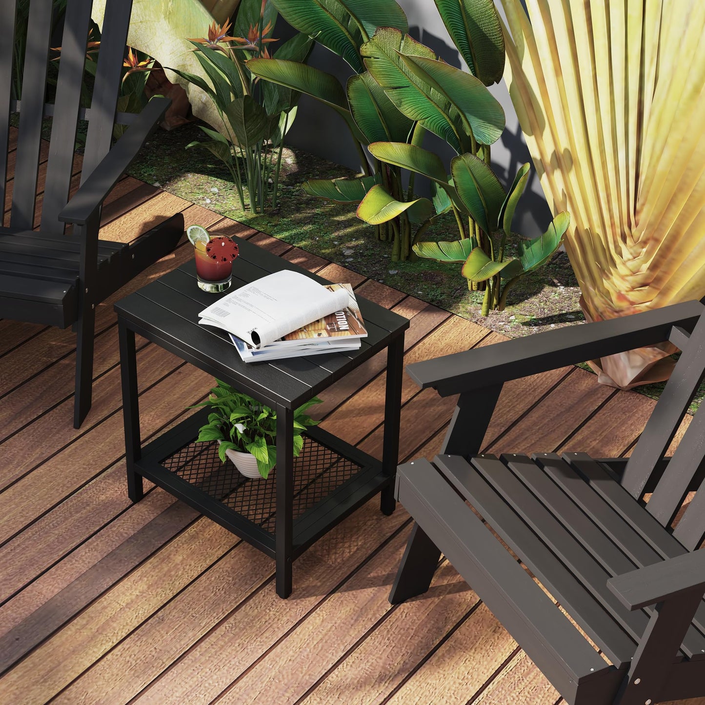 KAAPSAM Rectangular Outdoor Side Table with Storage, 2-Tier Patio End Table Weather Resistant, Black Outdoor Accent Table, Small Porch Tables for Pool, Deck, Garden (Black 2PC)