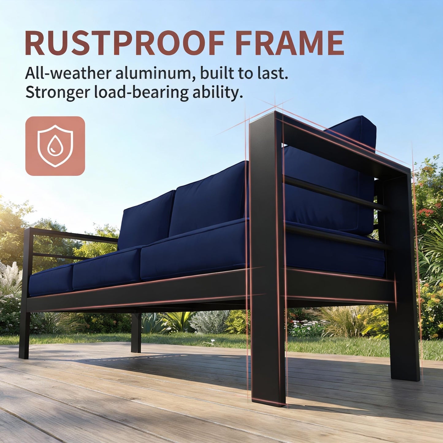 Kiss the Water 3 Seats Aluminum Outdoor Patio Sofa Set, All Weather Rust-Proof Metal Patio Couch, Modern Outdoor Furniture for Backyard Porch Garden, 5" Thick Waterproof Olefin Cushions, Light Grey