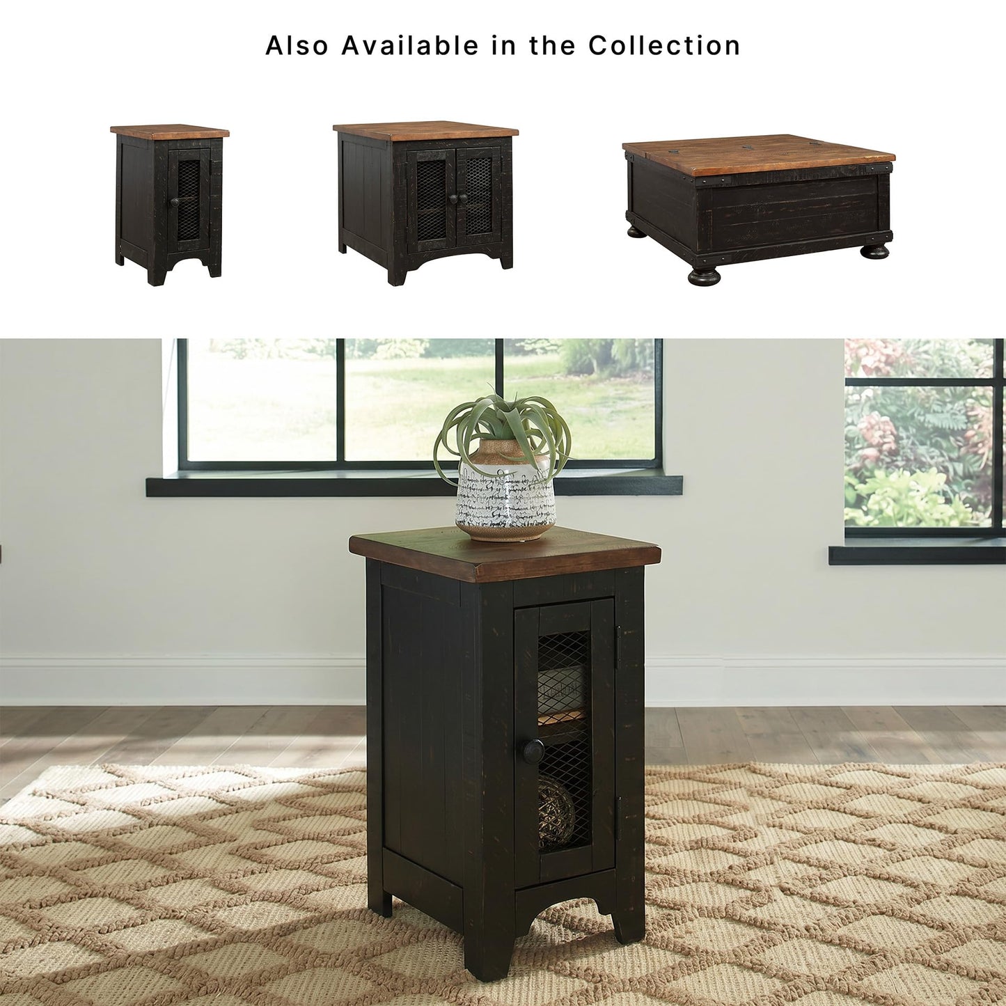 Signature Design by Ashley Valebeck Rustic Farmhouse Chair Side End Table with Cabinet Door, Distressed Black