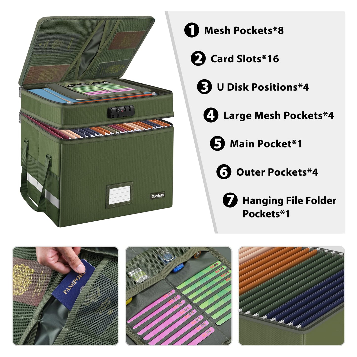 DocSafe File Box with Lock,Multi-Layer Fireproof Document Box Collapsible File Storage Organizer with Pockets/Handle,Portable Home Office Filing Cabinet for Hanging Letter/Legal Size Folders,Green